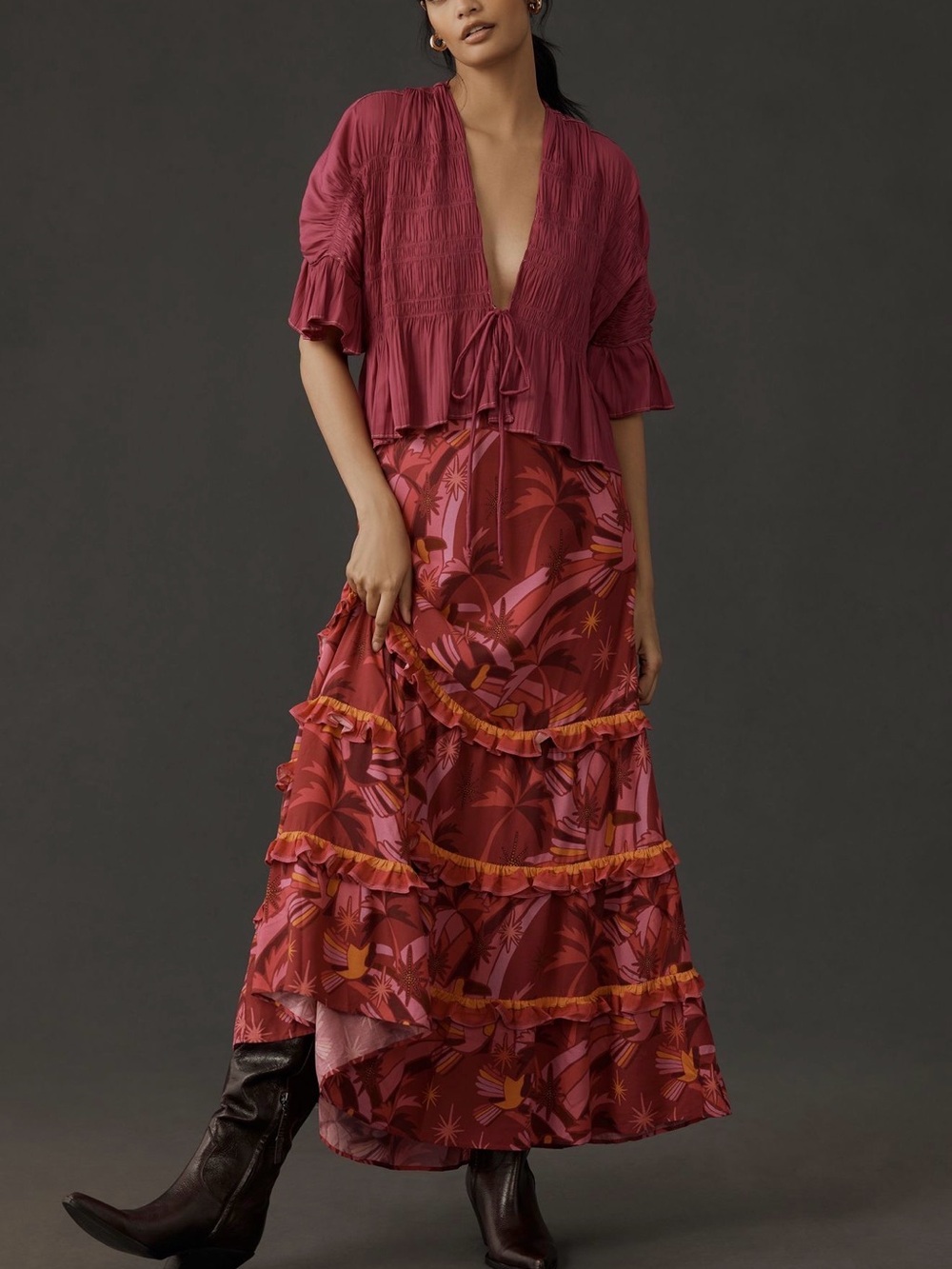 Farm Rio Tiered Floral Maxi Skirt & Matching Top - Burgundy Pink Set